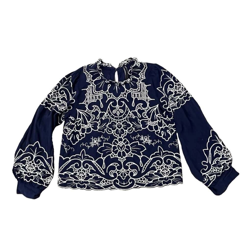 Anthropologie Lainie Long Sleeve Lace Cutwork Embroidered Top Size Medium Blue